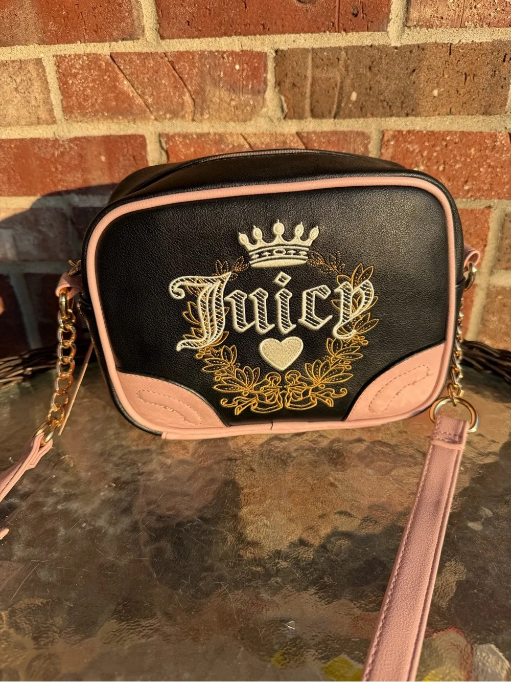 Juicy Couture Black & Pink Embroidered Heritage Crossbody Bag